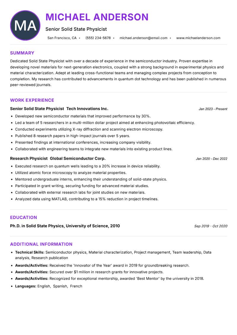 Solid State Physicist resume example