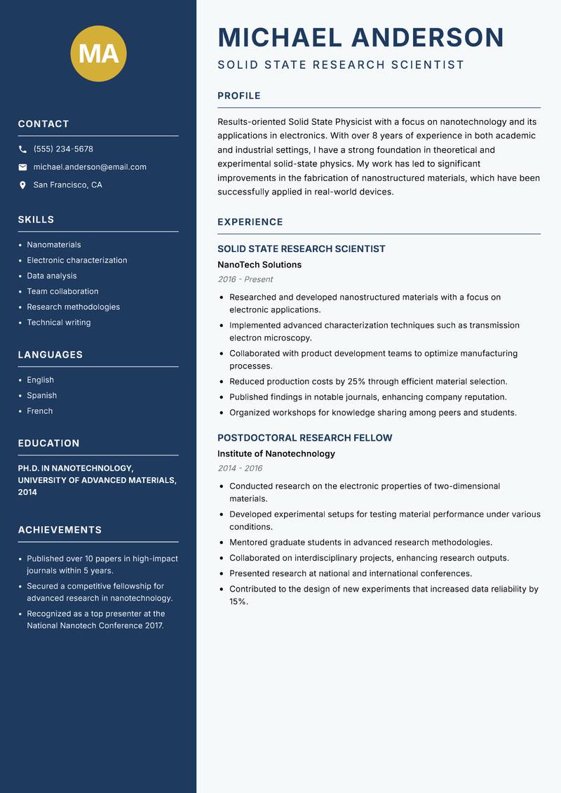 Solid State Physicist resume sample — Solid State Research Scientist focus