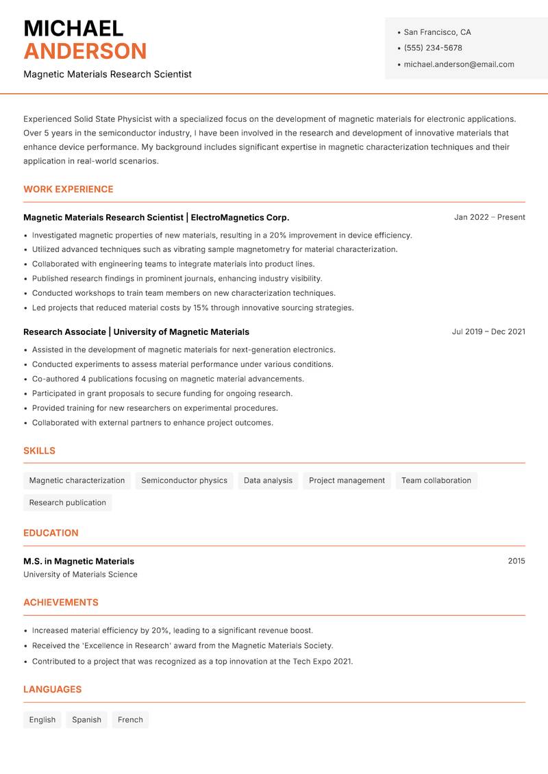 Solid State Physicist resume sample — Magnetic Materials Research Scientist focus