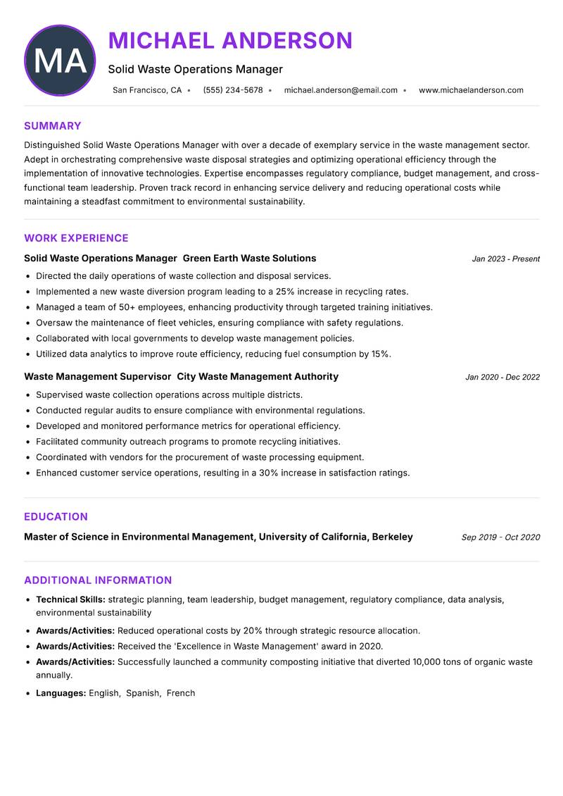 Solid Waste Operations Manager resume example