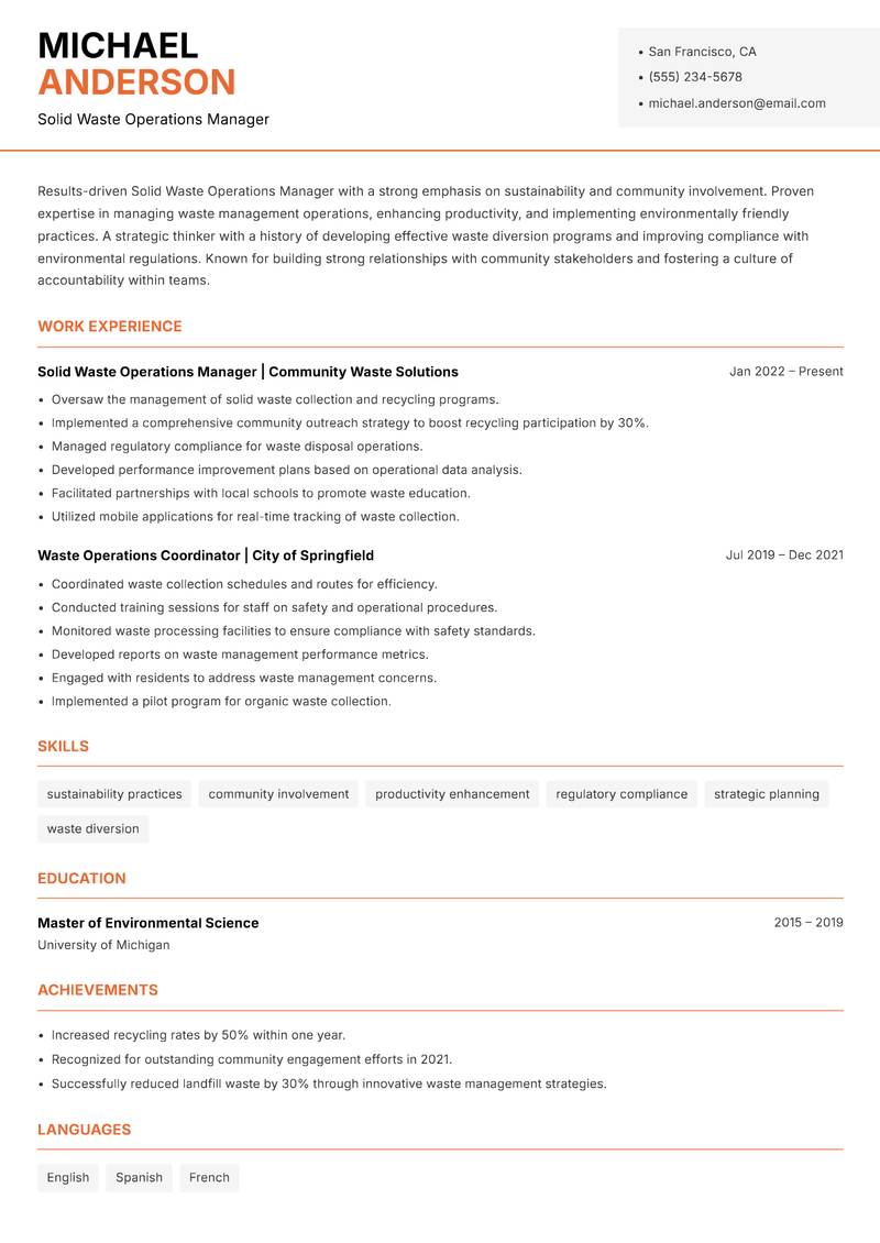Solid Waste Operations Manager resume sample — Solid Waste Operations Manager focus