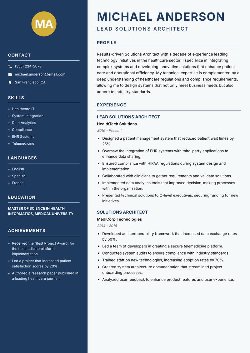 Solutions Architect resume sample — Lead Solutions Architect focus