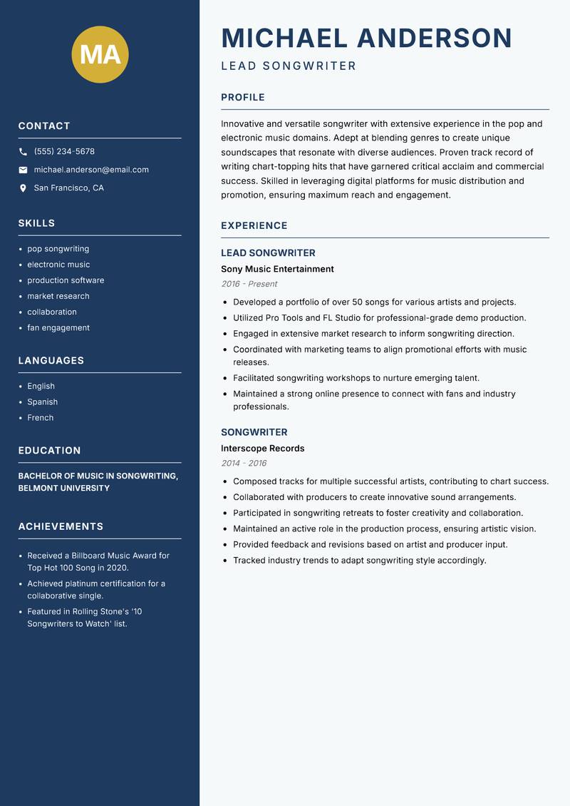 Songwriter resume sample — Lead Songwriter focus