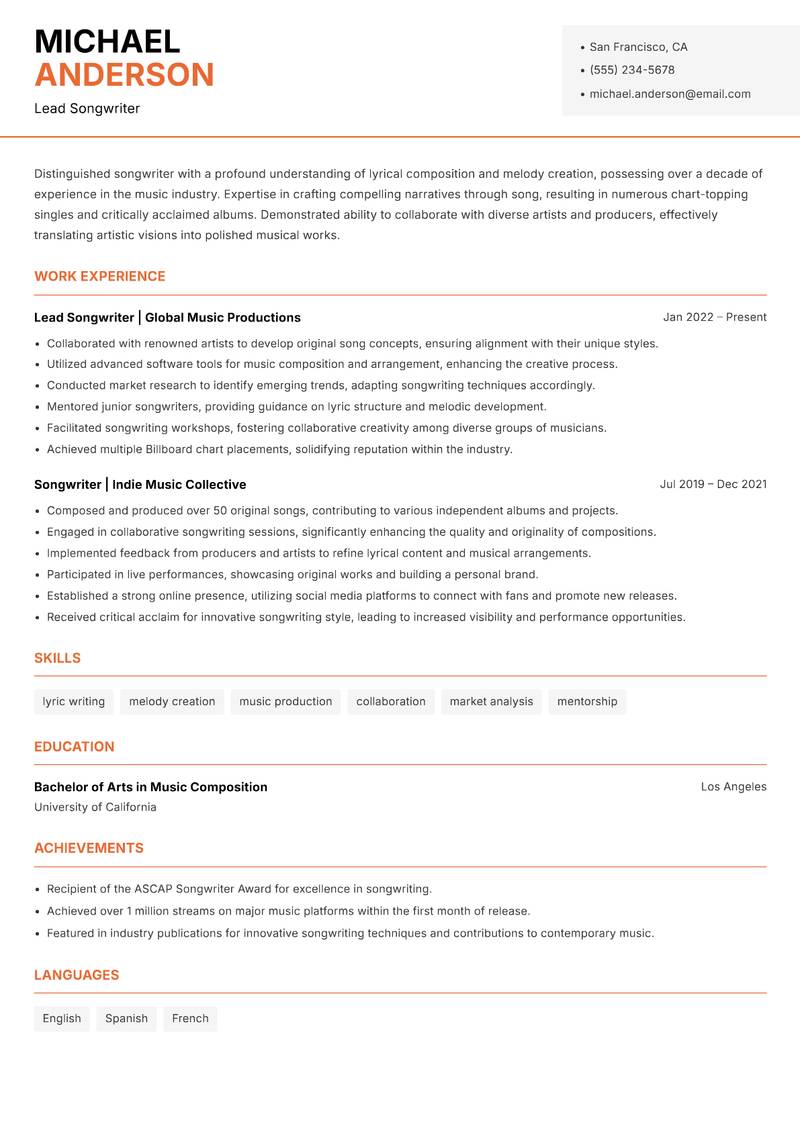 Songwriter resume sample — Lead Songwriter focus