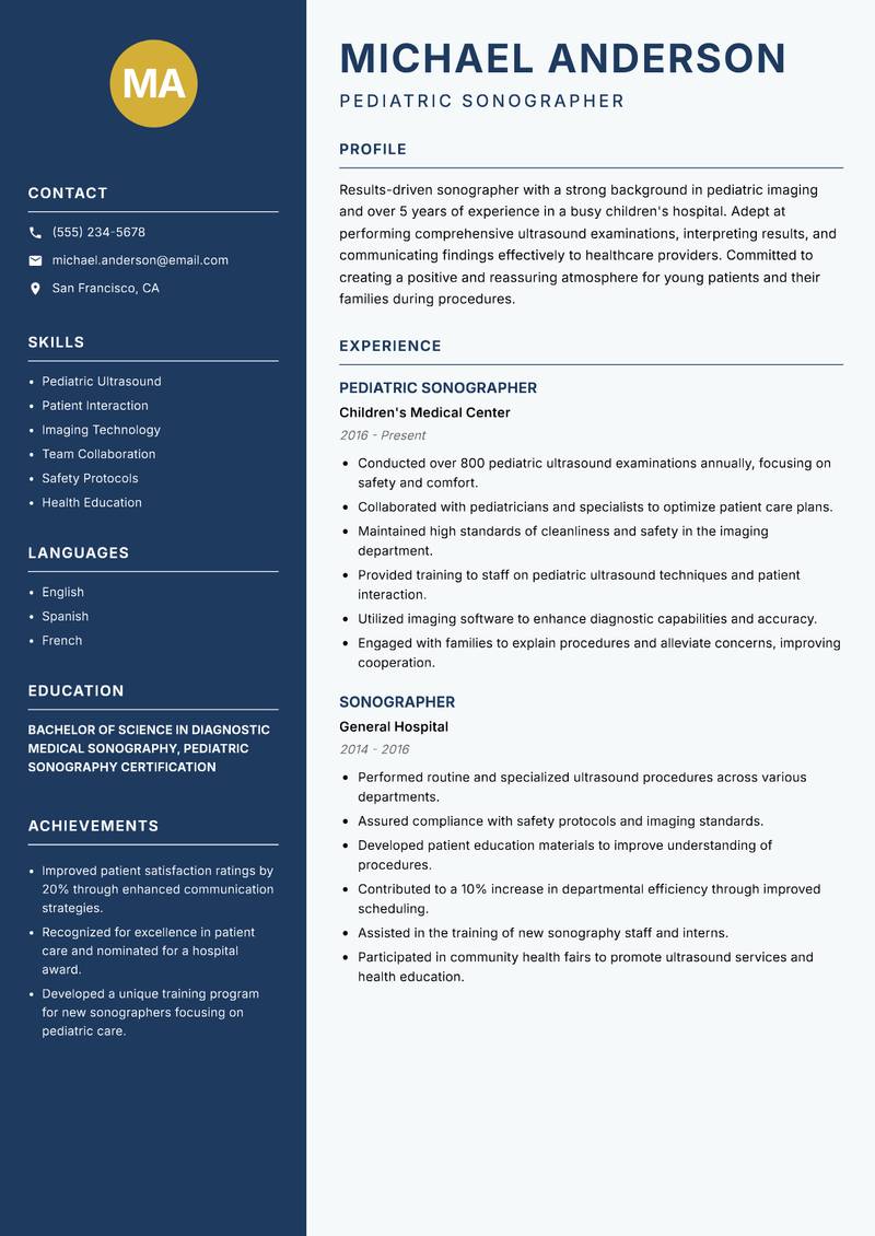 Sonographer resume sample — Pediatric Sonographer focus