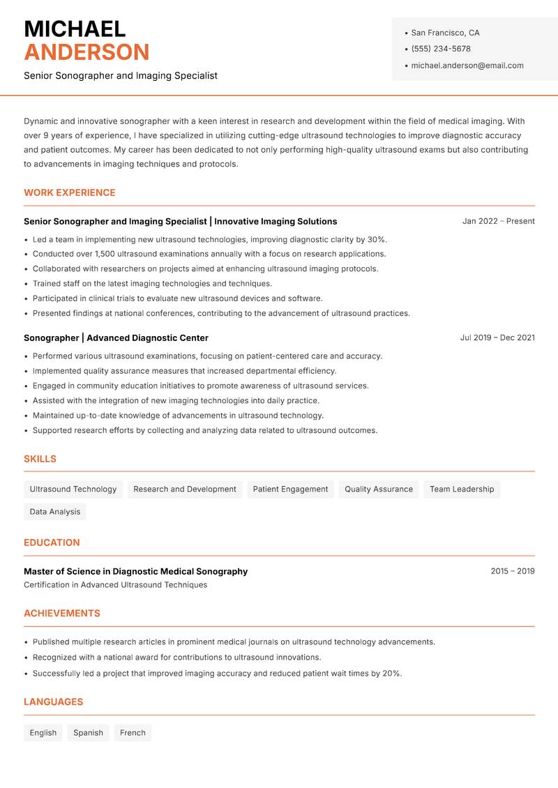 Sonographer resume sample — Senior Sonographer and Imaging Specialist focus