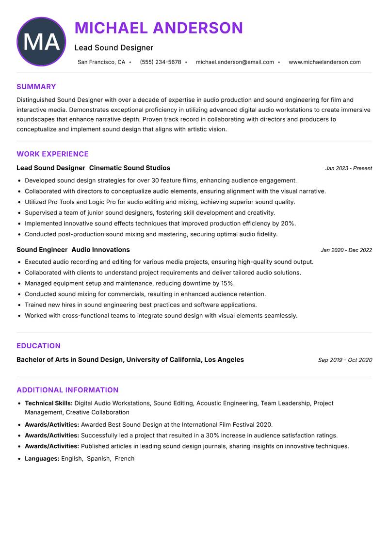 Sound Designer resume example