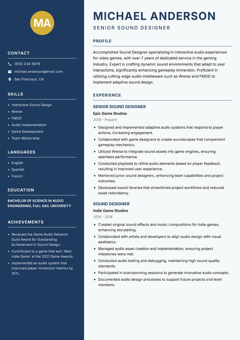 Sound Designer resume sample — Senior Sound Designer focus