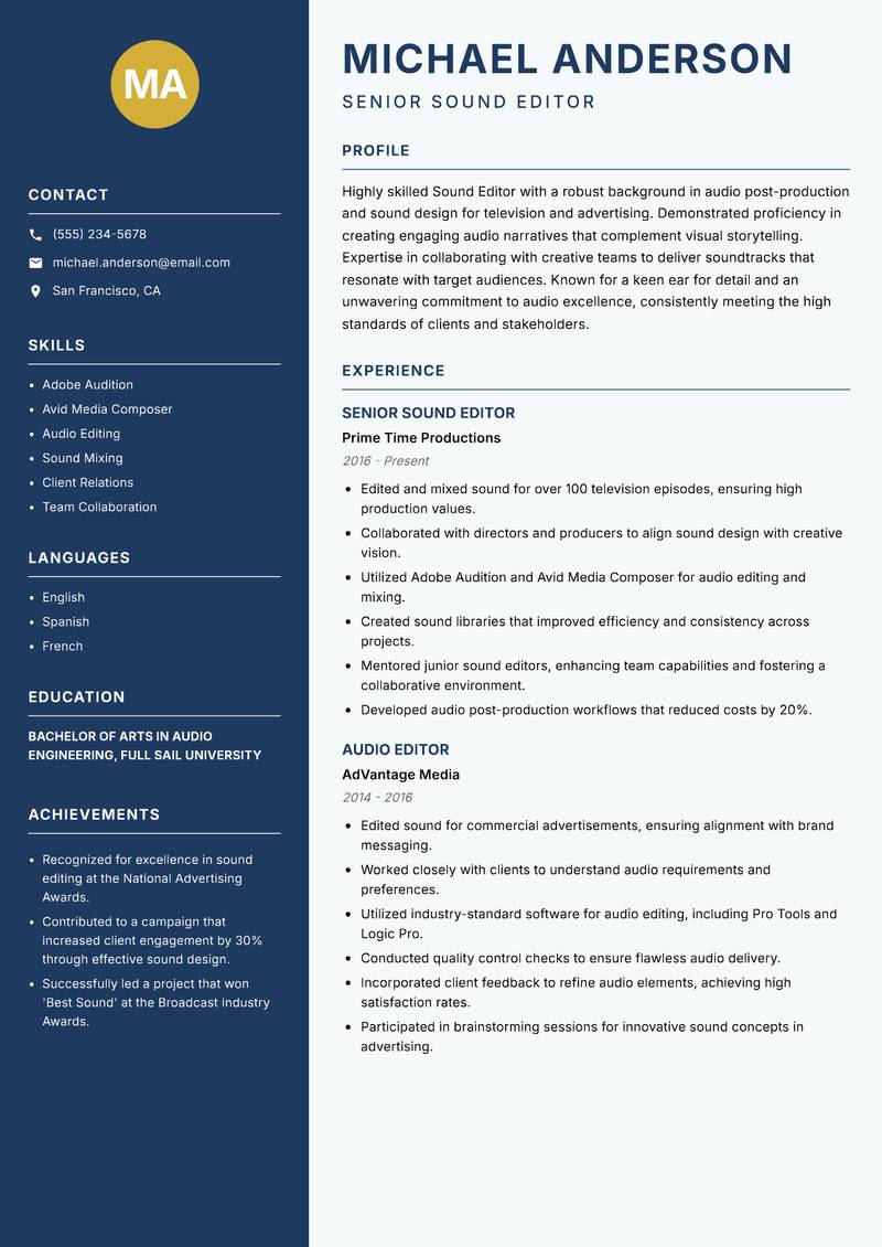 Sound Editor resume sample — Senior Sound Editor focus