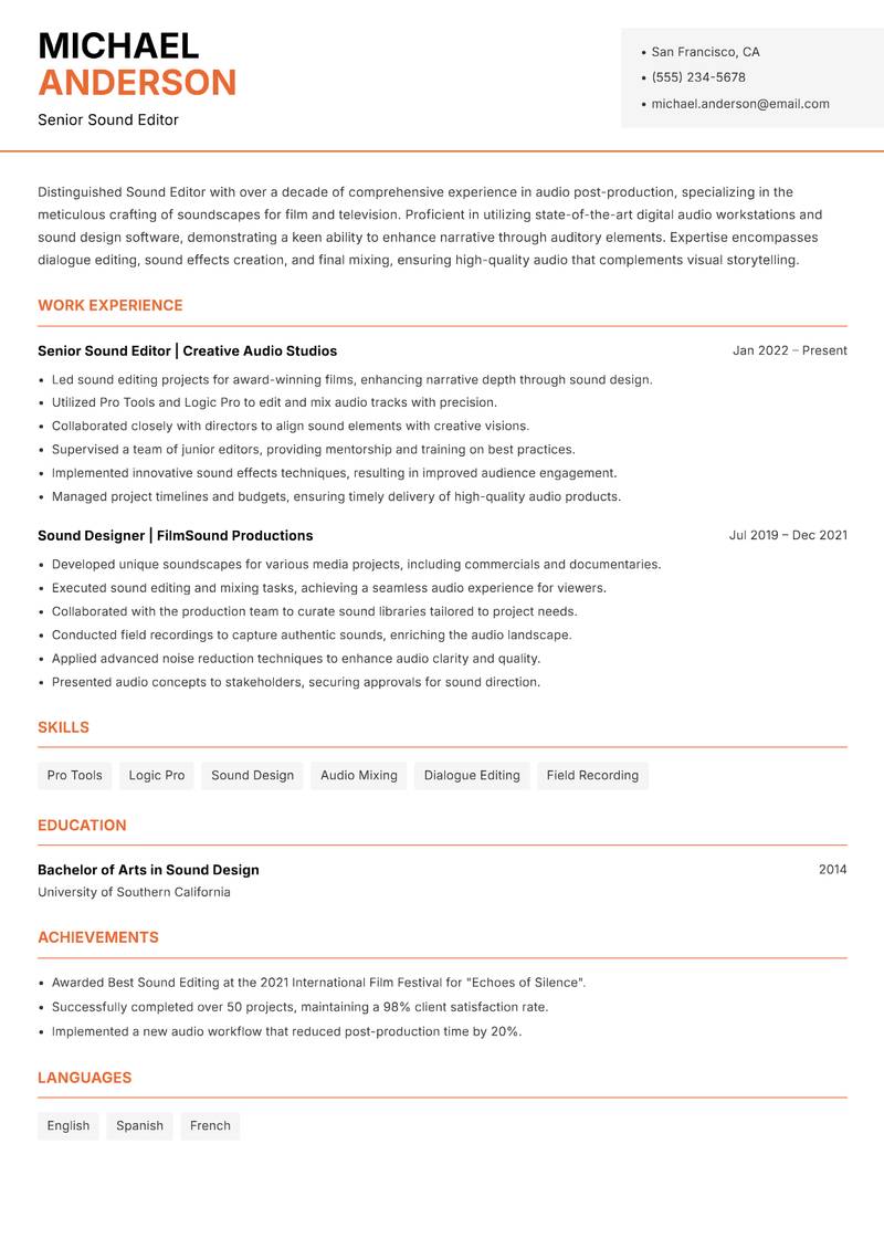 Sound Editor resume sample — Senior Sound Editor focus