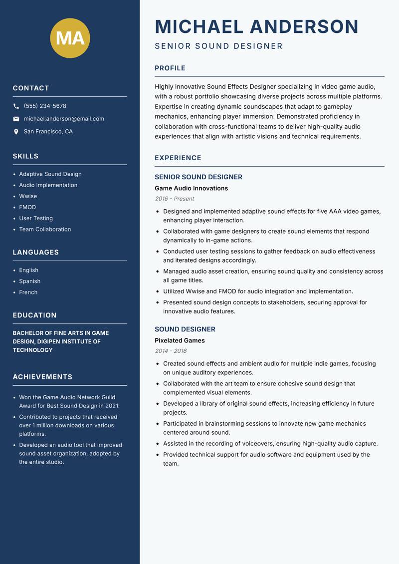 Sound Effects Designer resume sample — Senior Sound Designer focus