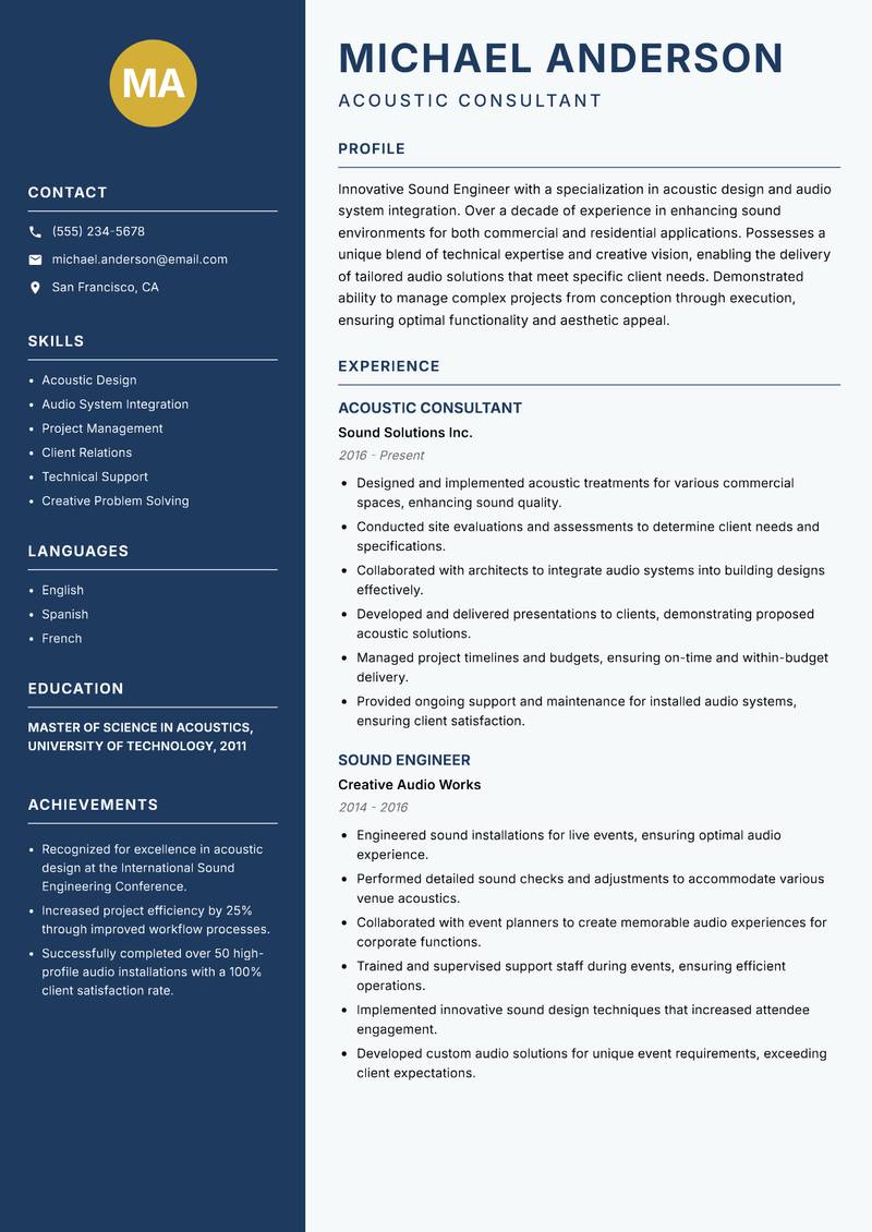 Sound Engineer resume sample — Acoustic Consultant focus