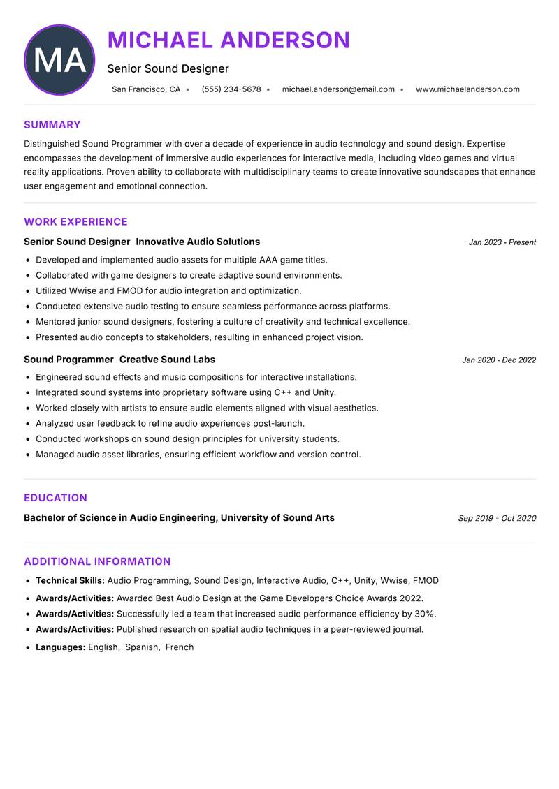 Sound Programmer resume example