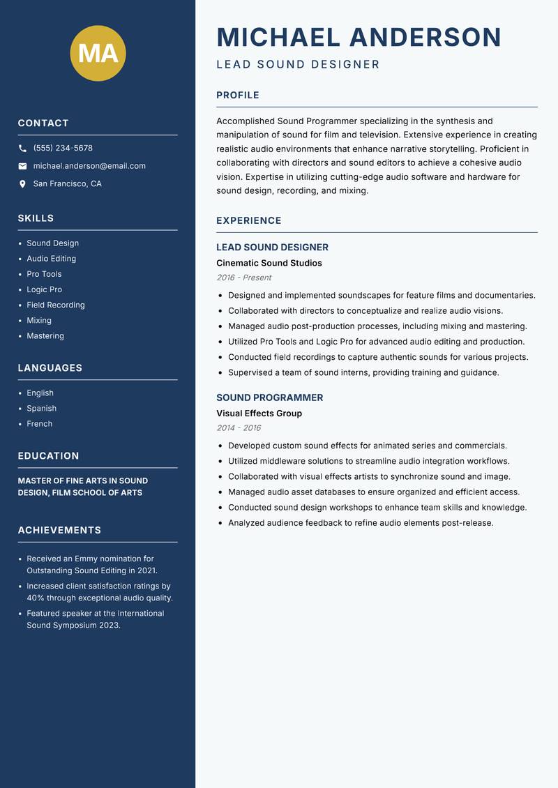 Sound Programmer resume sample — Lead Sound Designer focus