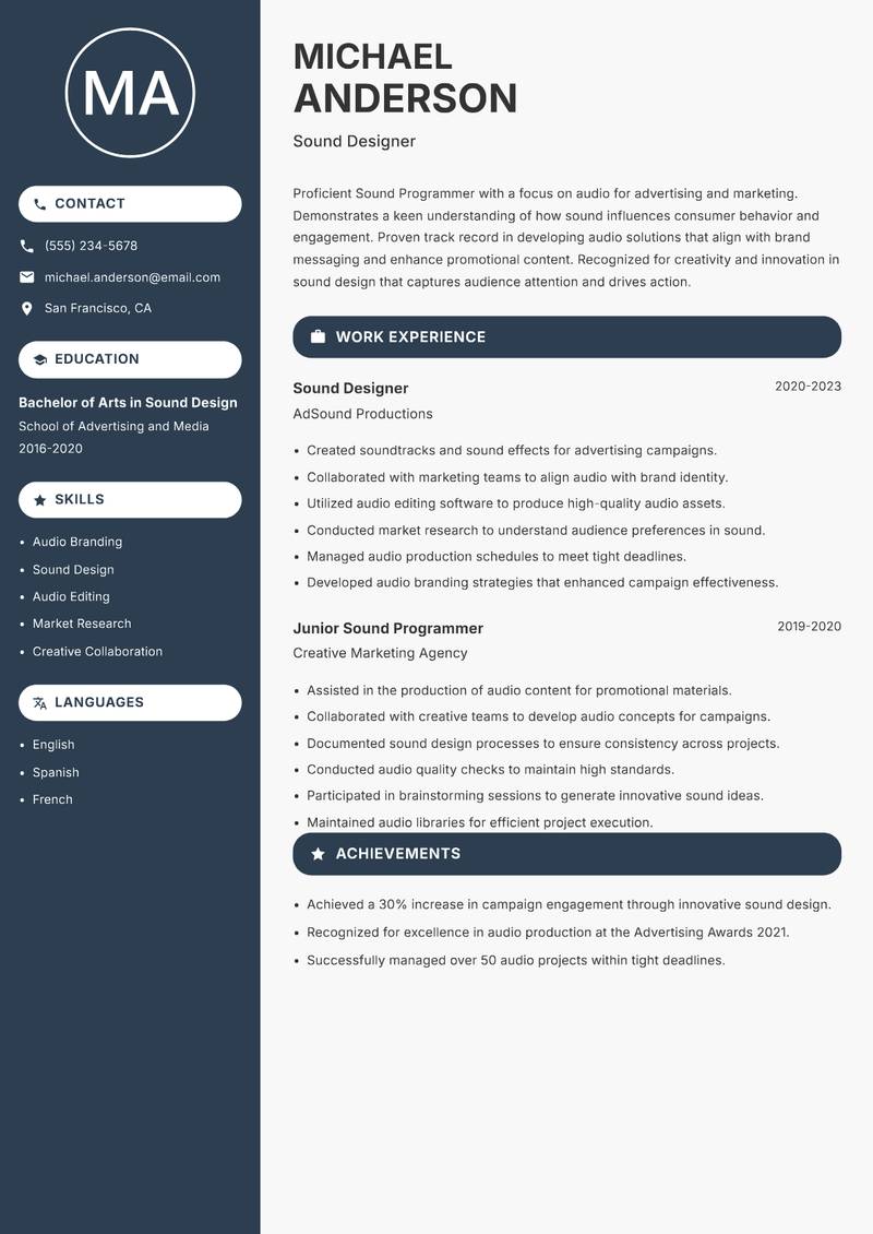 Sound Programmer resume sample — Sound Designer focus