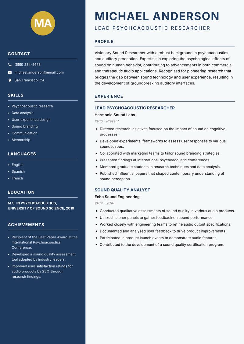 Sound Researcher resume sample — Lead Psychoacoustic Researcher focus