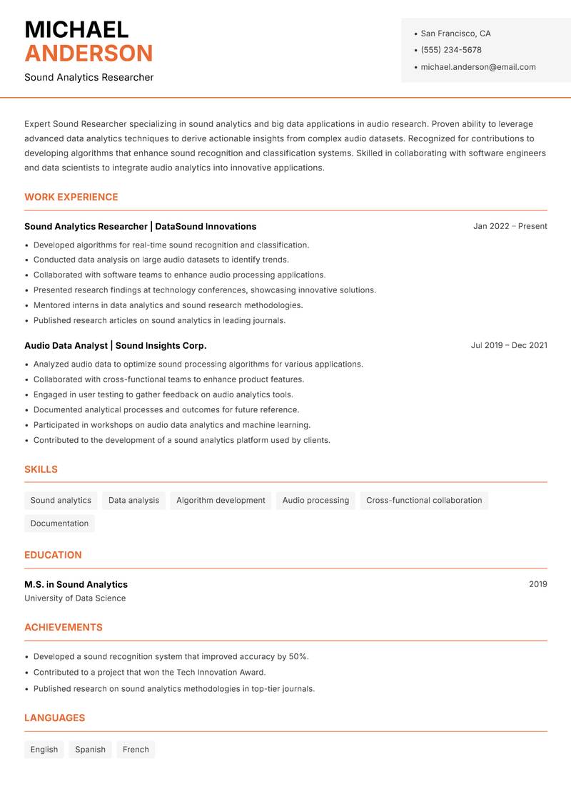 Sound Researcher resume sample — Sound Analytics Researcher focus