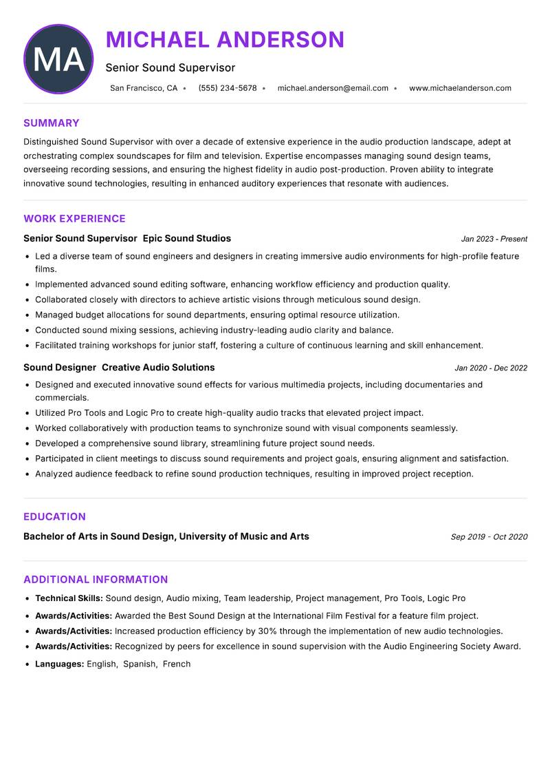 Sound Supervisor resume example