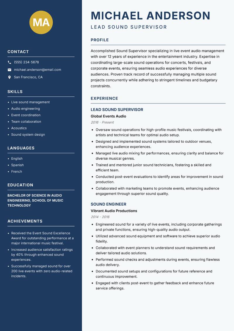 Sound Supervisor resume sample — Lead Sound Supervisor focus