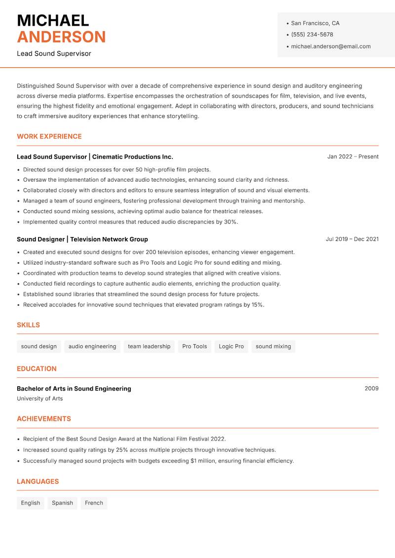 Sound Supervisor resume sample — Lead Sound Supervisor focus