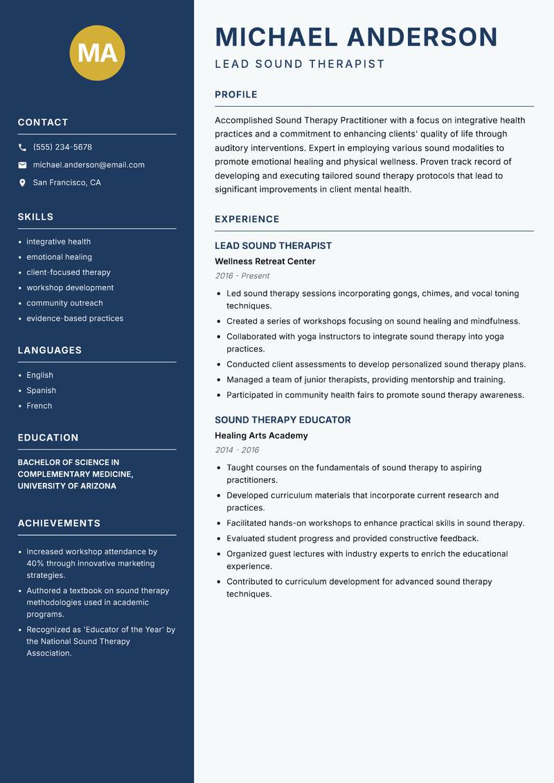 Sound Therapy Practitioner resume sample — Lead Sound Therapist focus