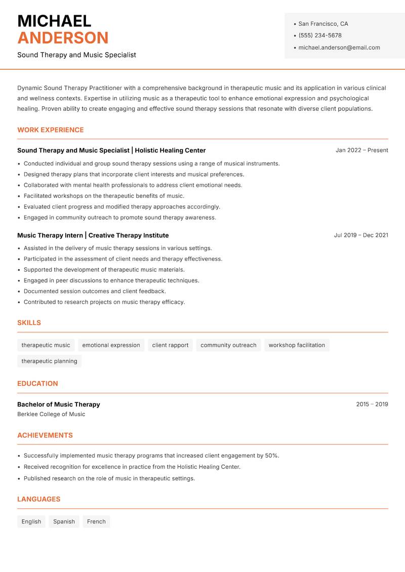 Sound Therapy Practitioner resume sample — Sound Therapy and Music Specialist focus