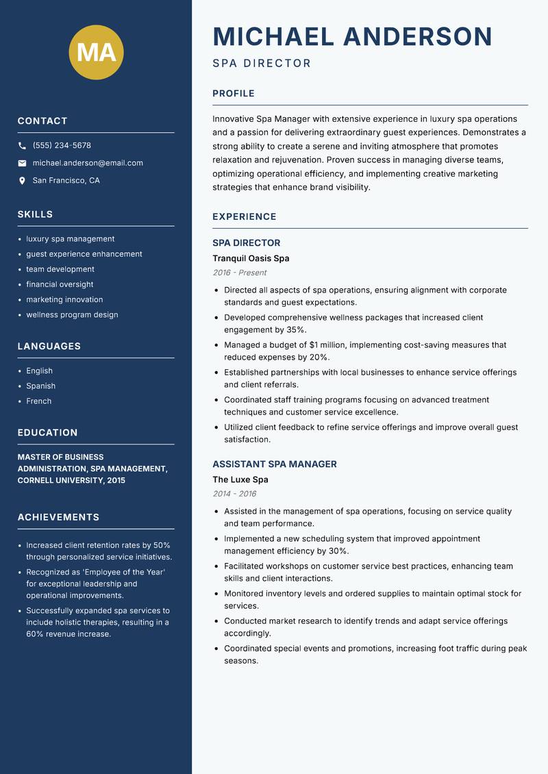 Spa Manager resume sample — Spa Director focus