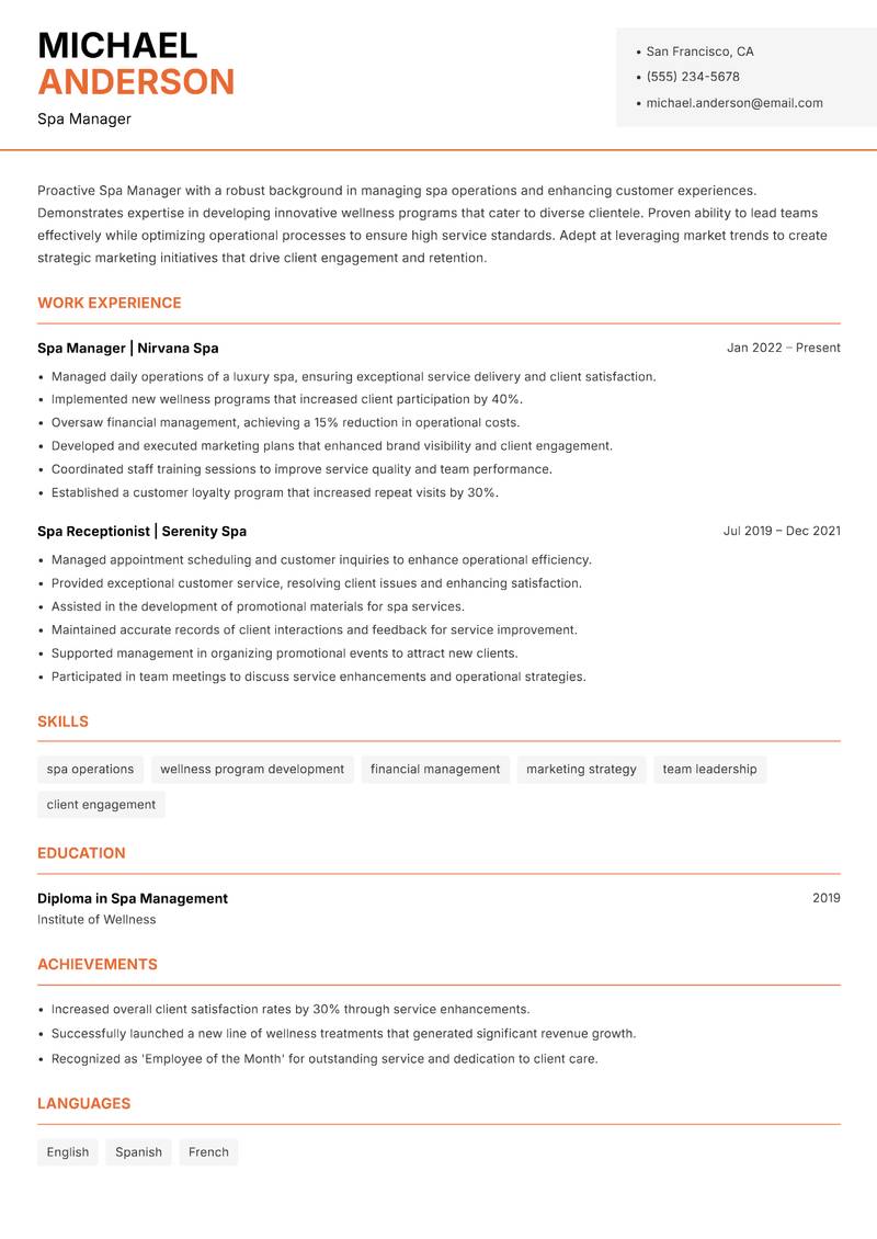 Spa Manager resume sample — Spa Manager focus