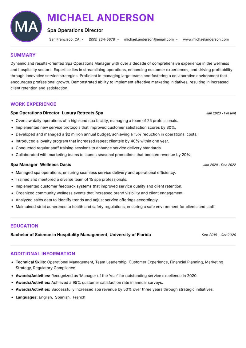 Spa Operations Manager resume example