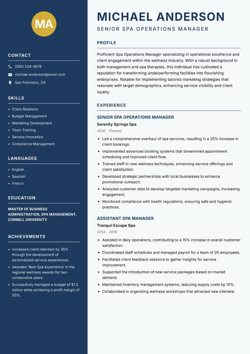 Spa Operations Manager resume sample — Senior Spa Operations Manager focus