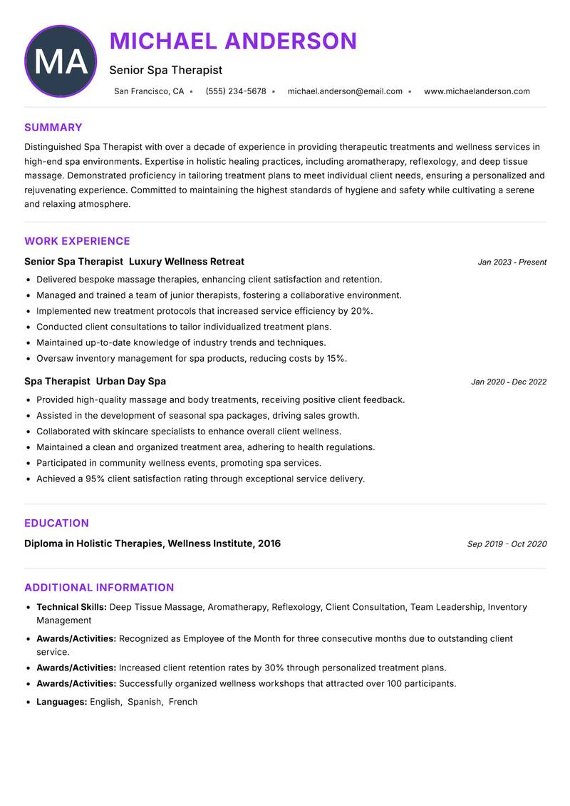 Spa Therapist resume example