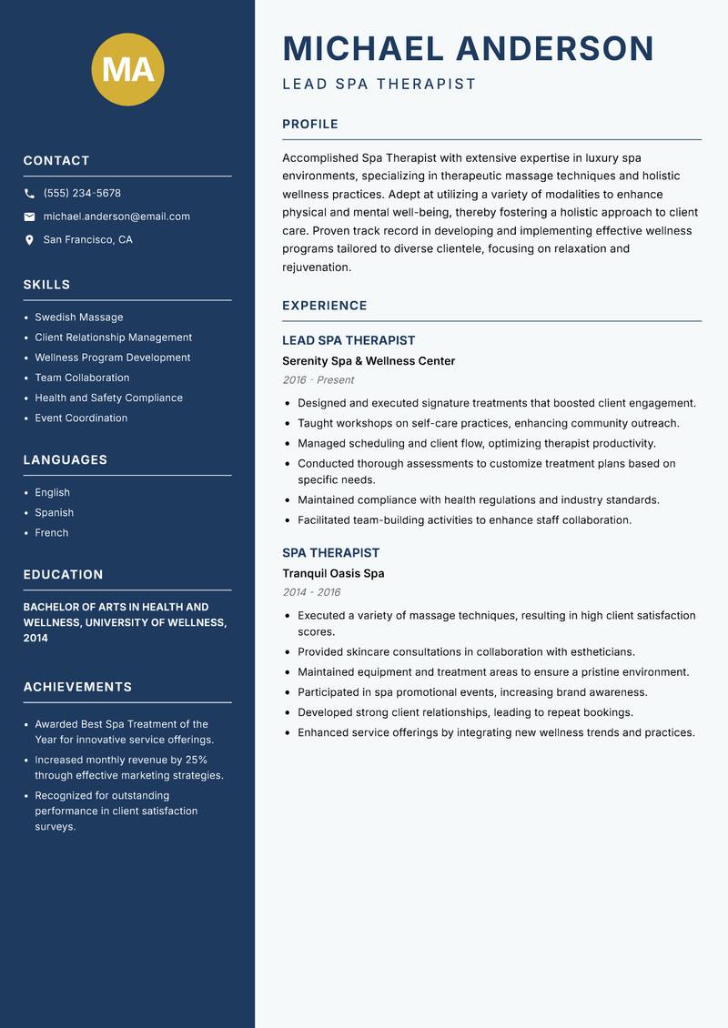 Spa Therapist resume sample — Lead Spa Therapist focus