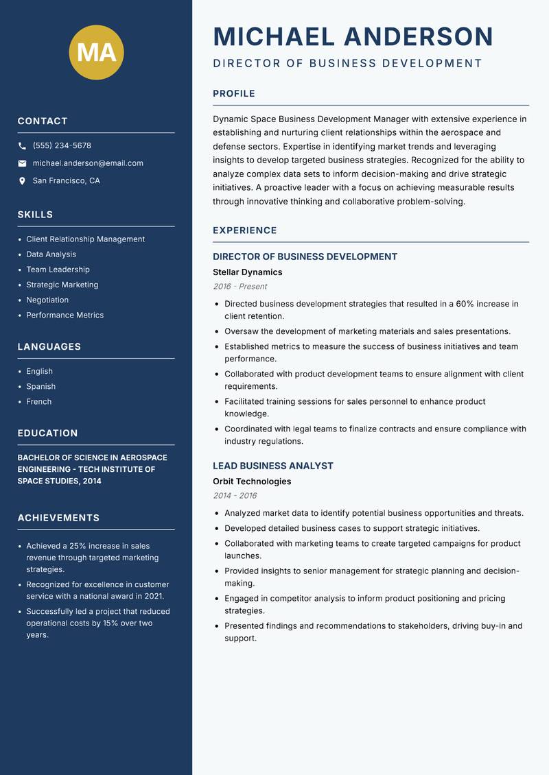 Space Business Development Manager resume sample — Director of Business Development focus