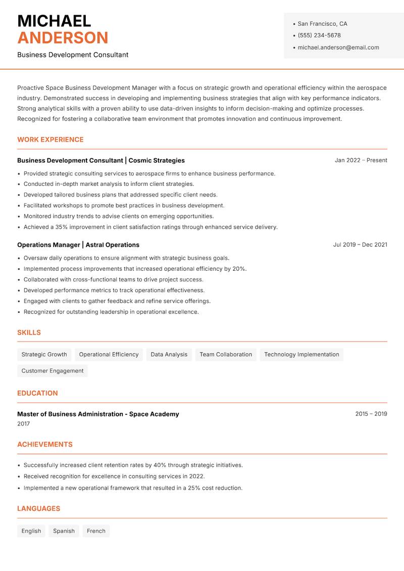 Space Business Development Manager resume sample — Business Development Consultant focus