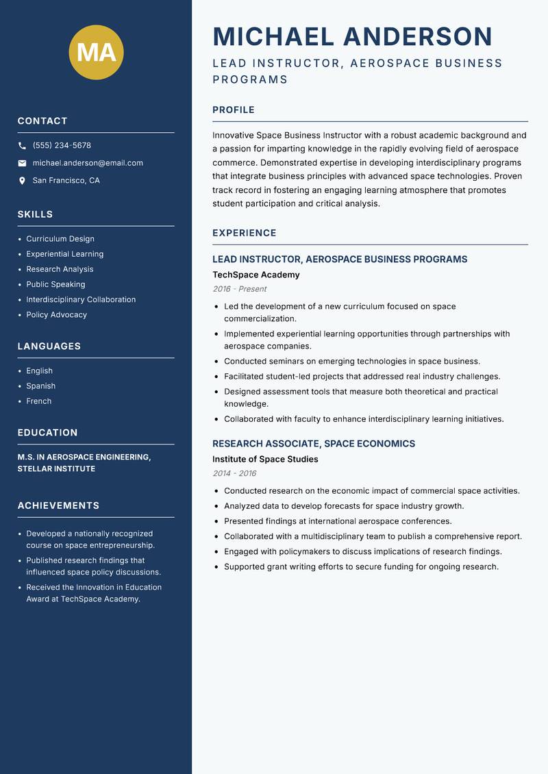 Space Business Instructor resume sample — Lead Instructor, Aerospace Business Programs focus
