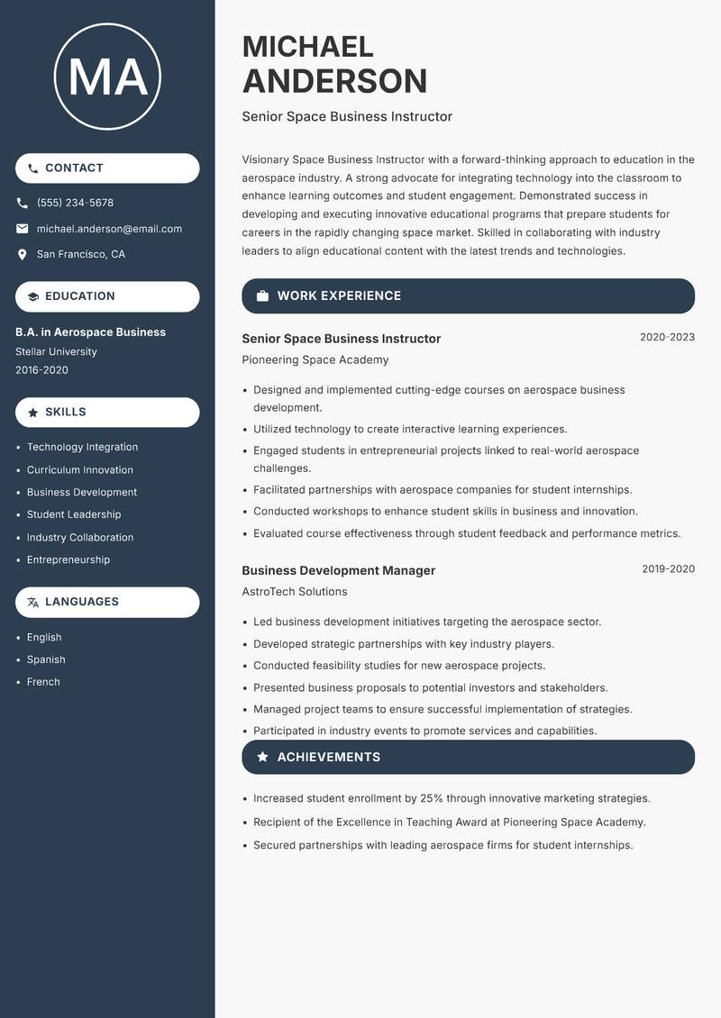Space Business Instructor resume sample — Senior Space Business Instructor focus