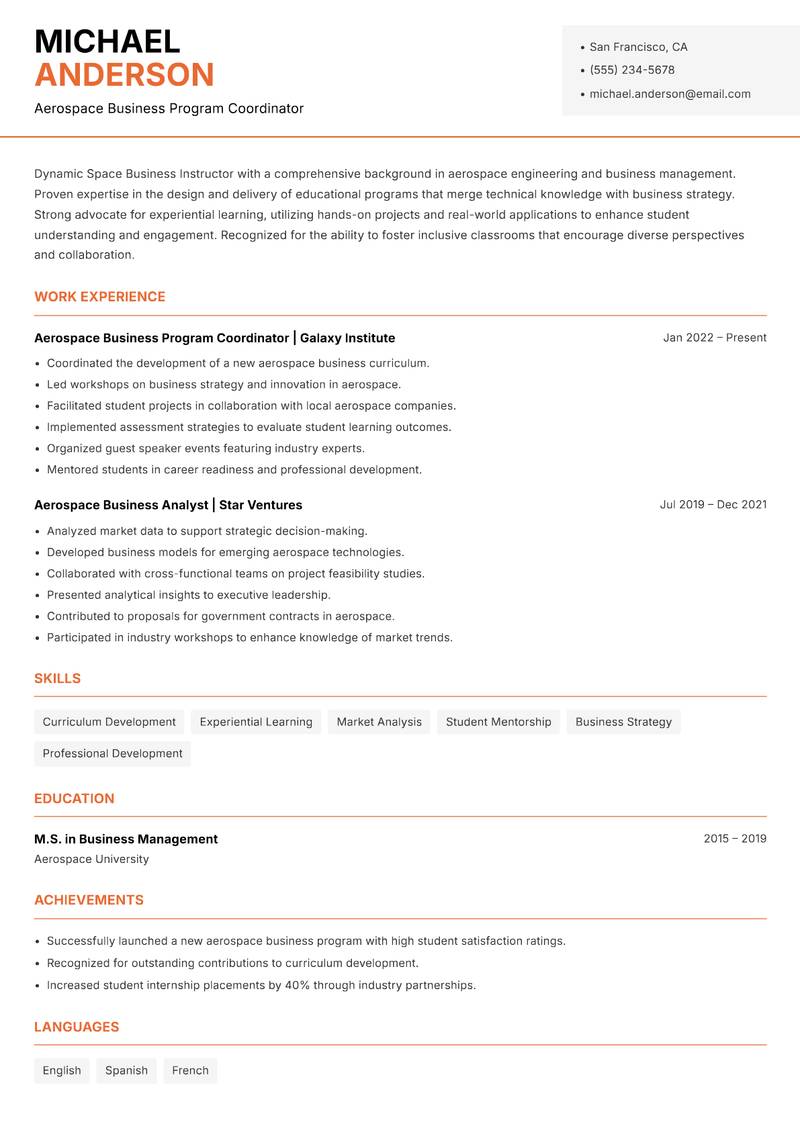 Space Business Instructor resume sample — Aerospace Business Program Coordinator focus