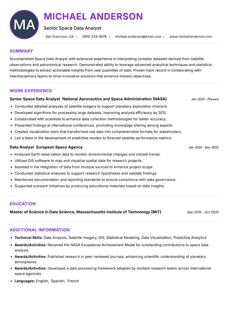 Space Data Analyst resume example