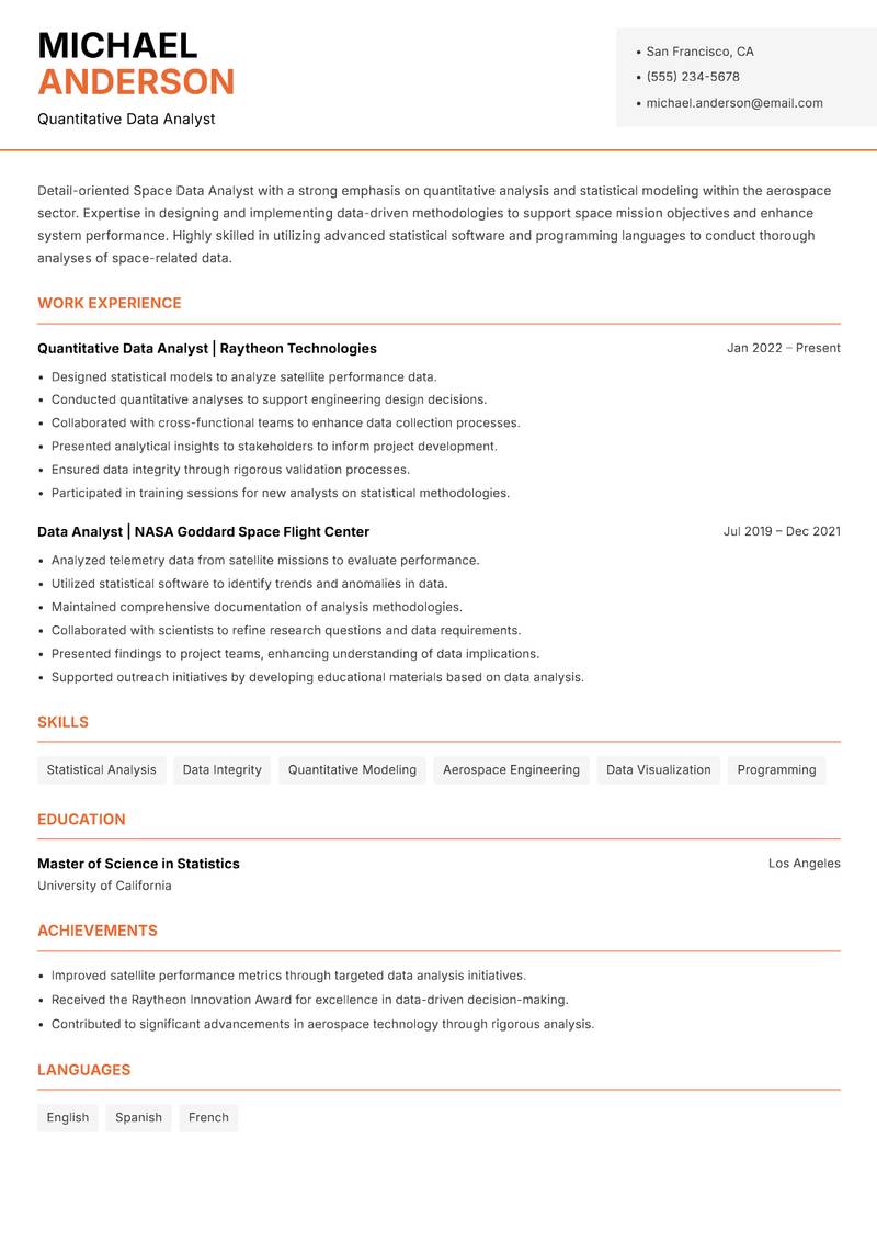 Space Data Analyst resume sample — Quantitative Data Analyst focus