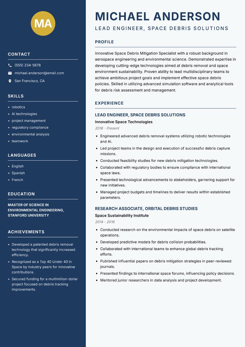 Space Debris Mitigation Specialist resume sample — Lead Engineer, Space Debris Solutions focus