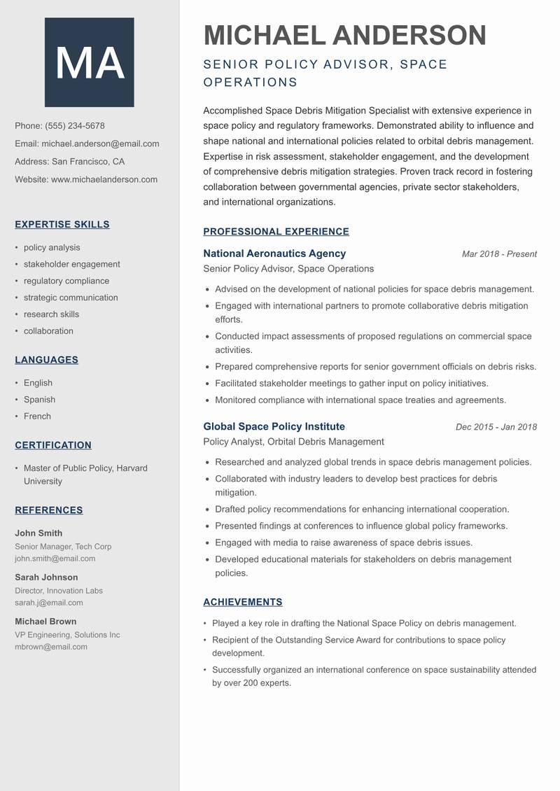 Space Debris Mitigation Specialist resume sample — Senior Policy Advisor, Space Operations focus