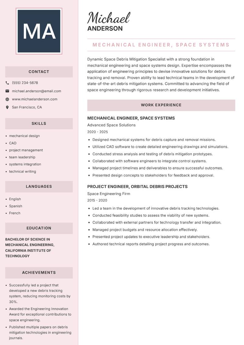 Space Debris Mitigation Specialist resume sample — Mechanical Engineer, Space Systems focus