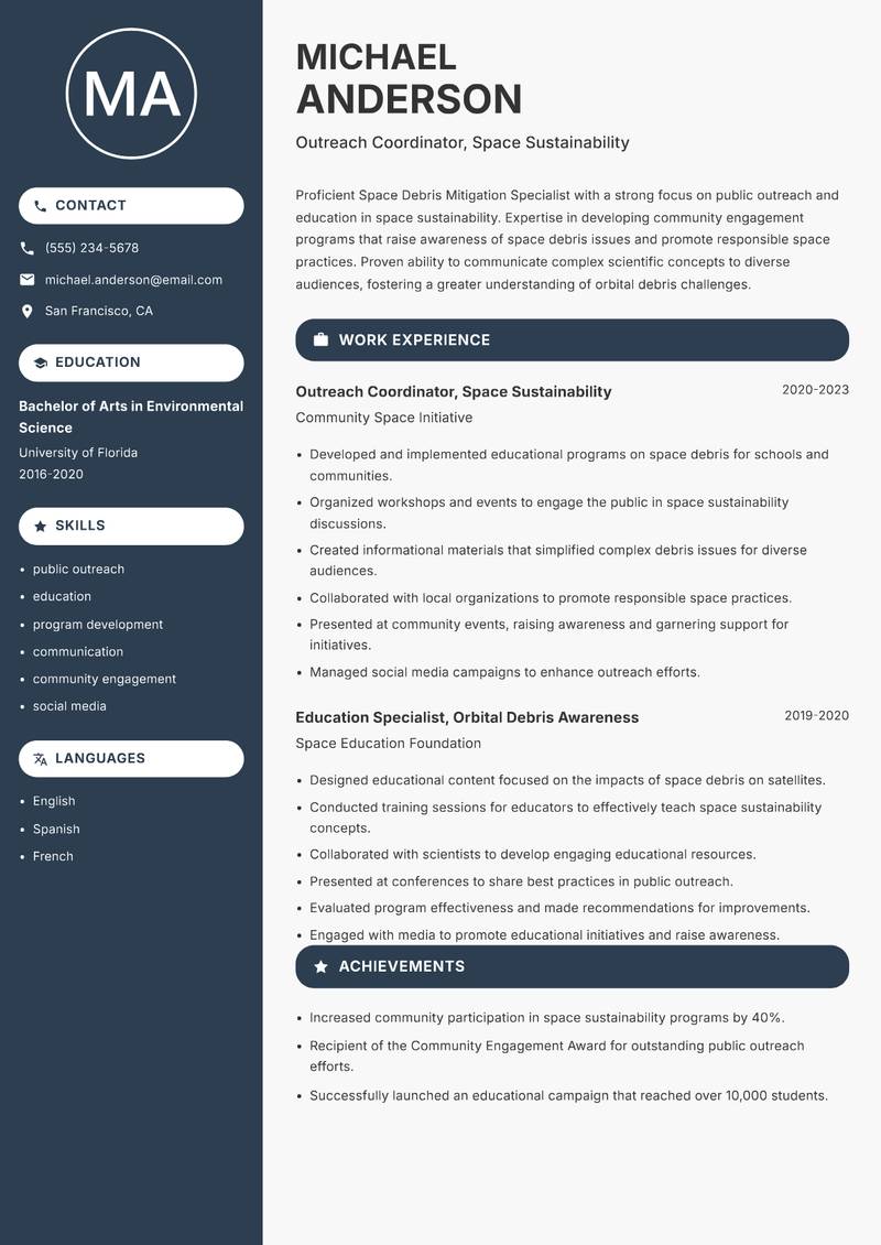 Space Debris Mitigation Specialist resume sample — Outreach Coordinator, Space Sustainability focus