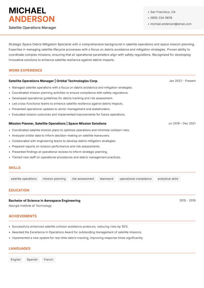 Space Debris Mitigation Specialist resume sample — Satellite Operations Manager focus