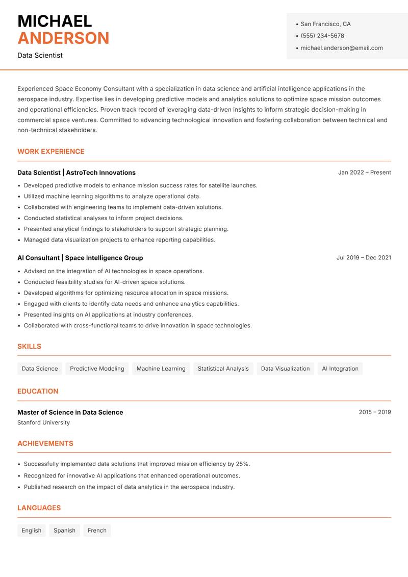 Space Economy Consultant resume sample — Data Scientist focus