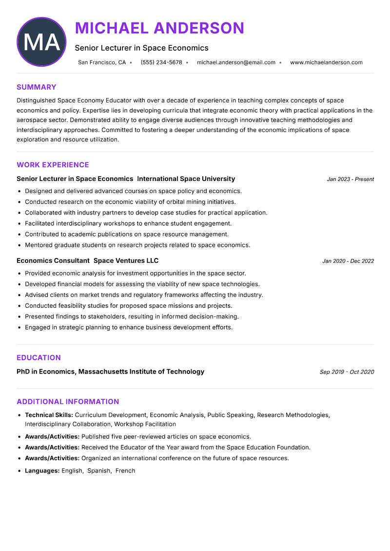 Space Economy Educator resume example