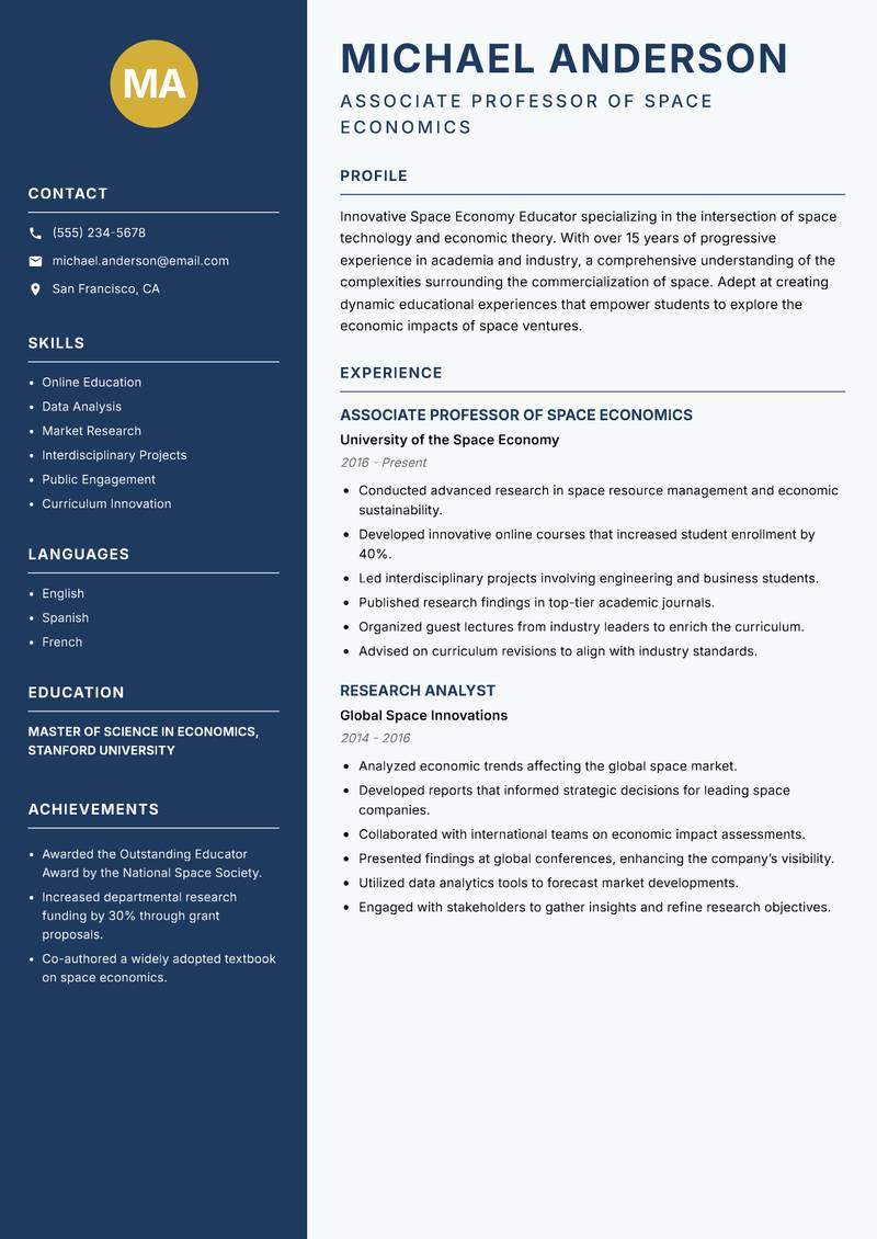 Space Economy Educator resume sample — Associate Professor of Space Economics focus