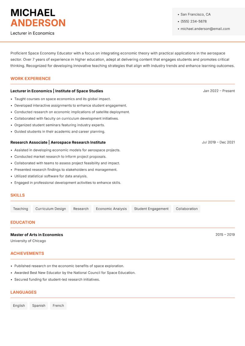 Space Economy Educator resume sample — Lecturer in Economics focus