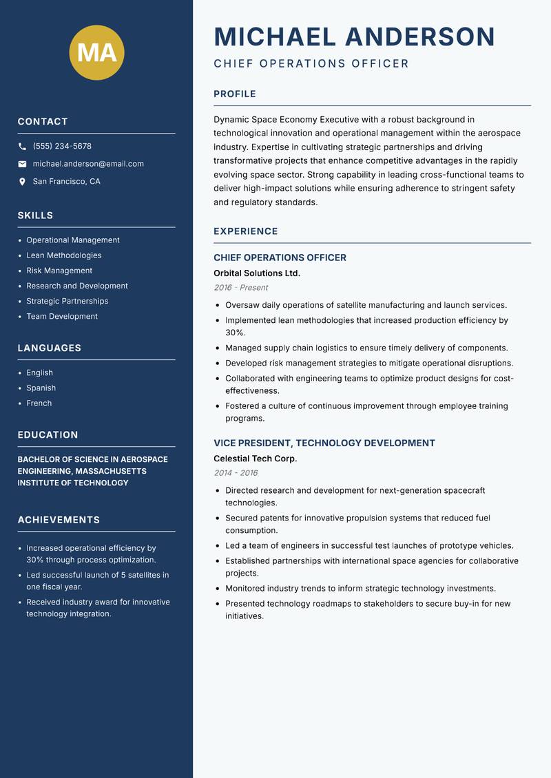 Space Economy Executive resume sample — Chief Operations Officer focus