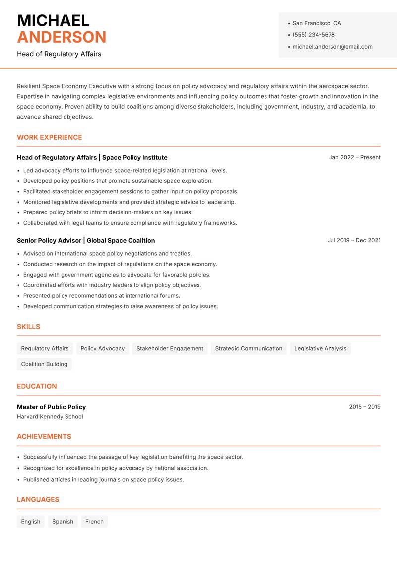 Space Economy Executive resume sample — Head of Regulatory Affairs focus